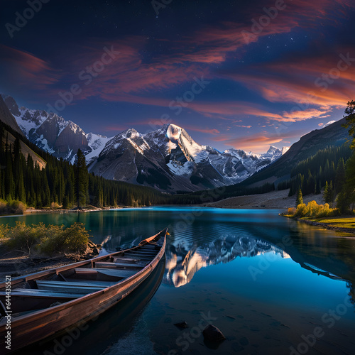 Colorful night landscape with lake, mountains, forest, stars, full moon, purple sky and clouds reflected in water. Dramatic AI generated landscape. Digital illustration. CG Artwork Background