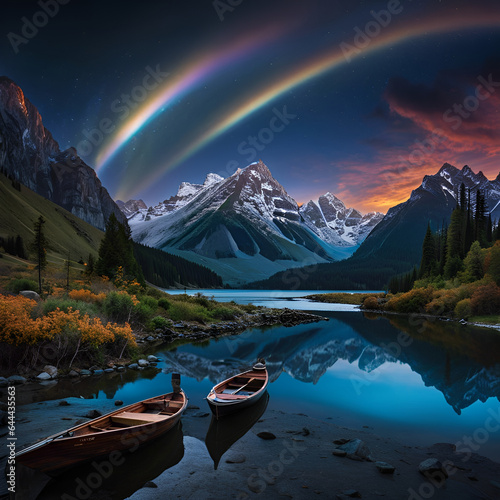 Colorful night landscape with lake  mountains  forest  stars  full moon  purple sky and clouds reflected in water. Dramatic AI generated landscape. Digital illustration. CG Artwork Background