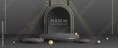 Set of vector 3D background with black podium. Black, gold with luxury round shape stage. Abstract minimal scene  with glitter decorations for mockup products.