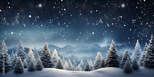 Winter natural snowy background as copy space for text or inscription, winter night landscape. snowy forest and fir branches, Christmas, night snowy woodland landscape, generative Ai © Chanda