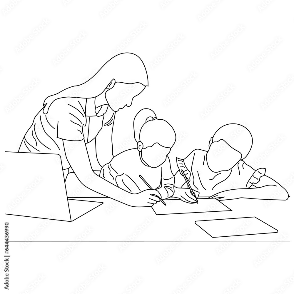 The teacher helps pupils color. Vector line art is isolated on a white background.