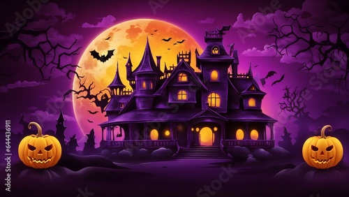 Happy halloween background with scary pumpkins with spooky castle, flying bats and full moon.  illustration for happy halloween card, flyer, banner and poster AI Generative