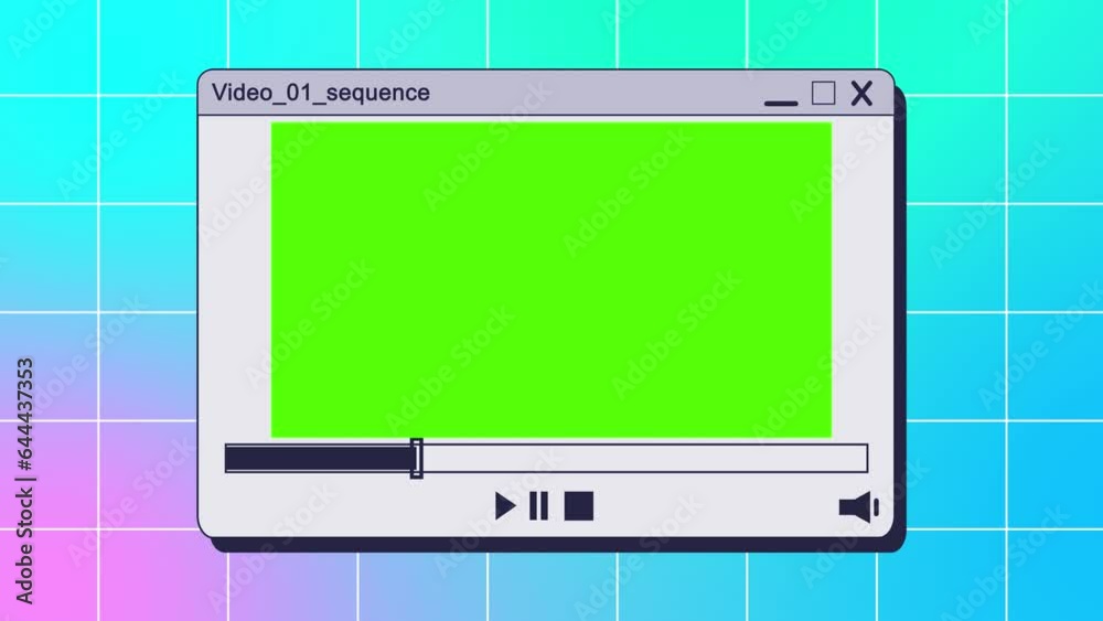  Retro media player on pc desktop with green screen and play icon. Retro 90s style animated background