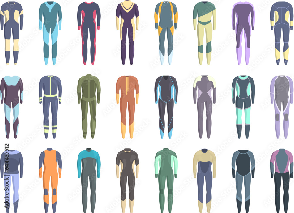 Wetsuit icons set cartoon vector. Water beach. Gear diver Wetsuit icons set cartoon vector. Water beach. Gear diver