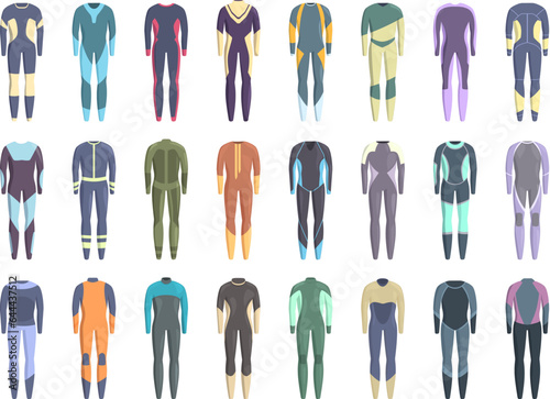 Wetsuit icons set cartoon vector. Water beach. Gear diver