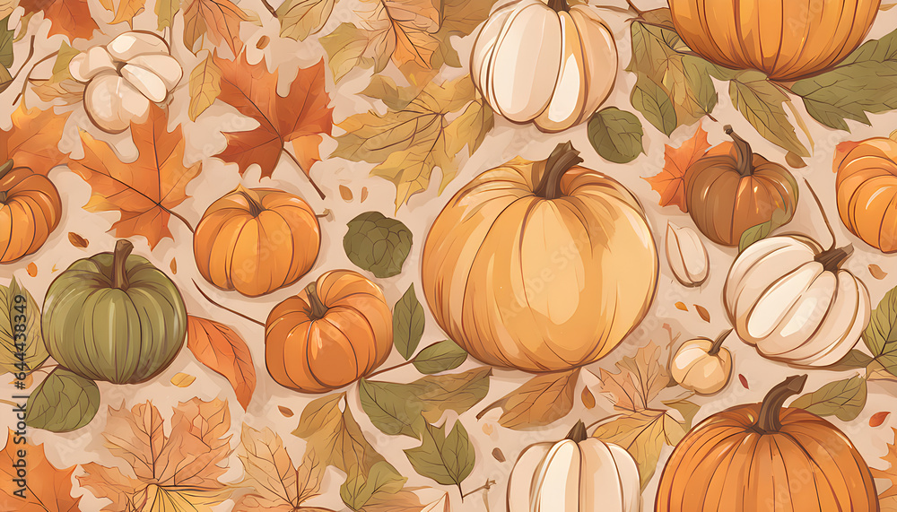 autumn pattern, seamless pattern with pumpkins, autumn background with pumpkins and leaves, autumn harvest illustration