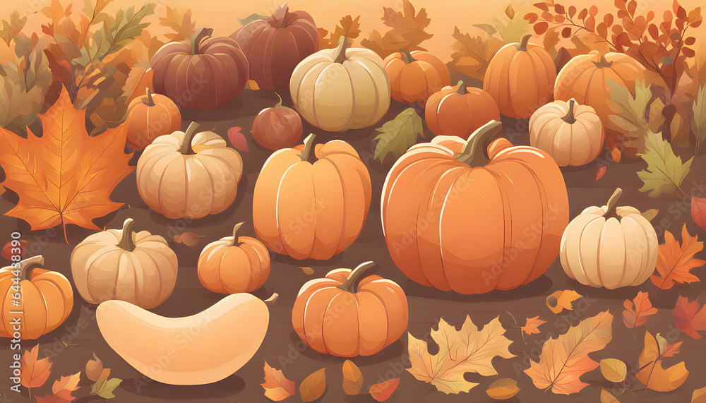pumpkins on the grass, autumn background with pumpkins and leaves, autumn harvest illustration