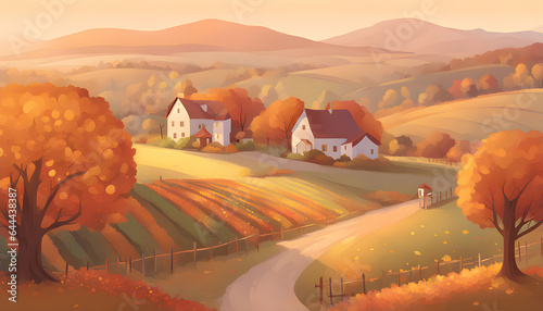 autumn landscape with trees, autumn farm landscape, autumn landscape with harvest