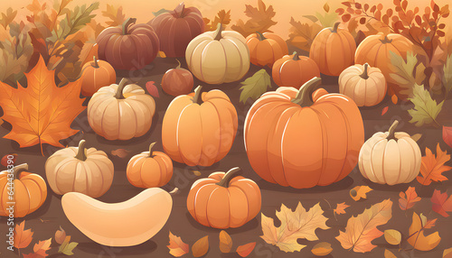 pumpkins on the grass  autumn background with pumpkins and leaves  autumn harvest illustration