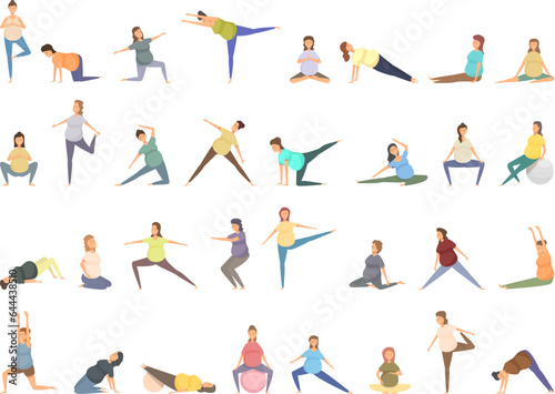 Yoga for pregnant icons set cartoon vector. Workout prenatal. Activity fitness