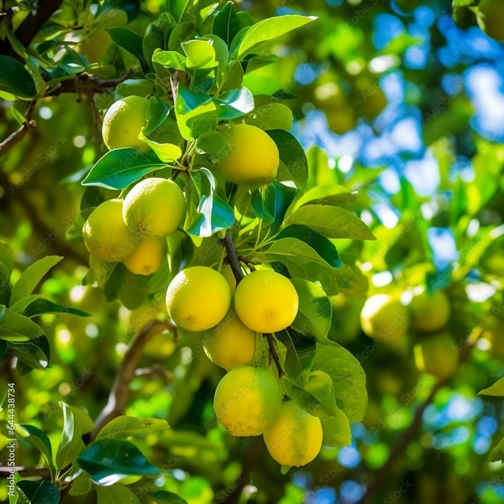 Fresh Lemons on a Tree On the branch ripen fruits of plums (Prunus cerasifera).