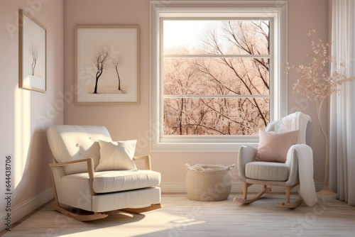 Cute Pastel Pink Baby Nursery with Linen Cotton Rocking Chair and Wall Art in Frames with Fall Nature Views