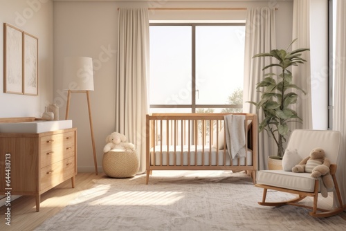 Modern Nursery in Apartment with Sustainable Wood Furniture and Floor Lamp with Indoor Plant
