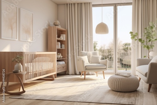 Modern Apartment Nursery Interior with Natural Wood Furniture and Styled Shelf with Home Decor and Hanging Pendant Light