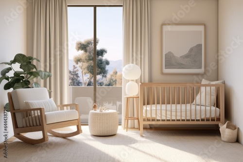 Professionally Styled Beige Modern Nursery Interior with Table Lamp and Mountain Wall Art with Summer Views