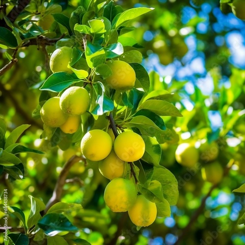 Fresh Lemons on a Tree On the branch ripen fruits of plums (Prunus cerasifera).