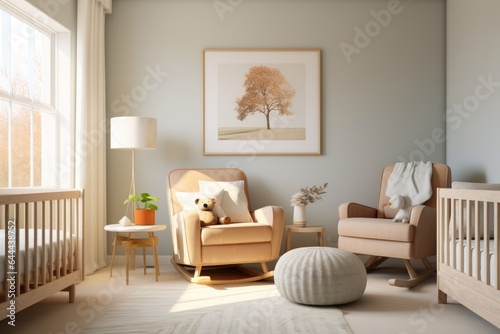 Fall Nursery Interior with Wall Art and Neutral Crib and Teddy Bear