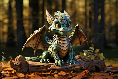 Small green wooden dragon in the forest is symbol of the year 2024 © sommersby