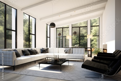 Luxury White Modern Family Room Interior with Black and White Leather Furniture and Large Windows with Nature Views