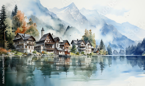 Watercolor, landscape with houses on the lake. © Andreas
