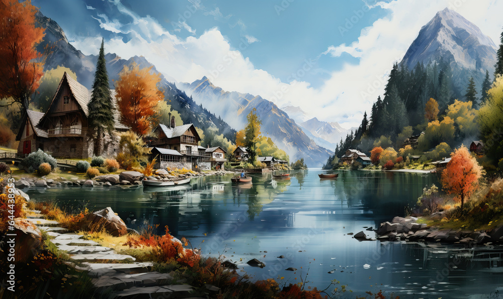 Fototapeta premium Watercolor, landscape with houses on the lake.