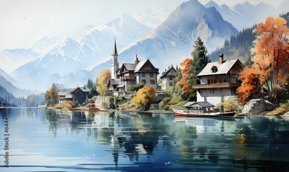 Fototapeta premium Watercolor, landscape with houses on the lake.