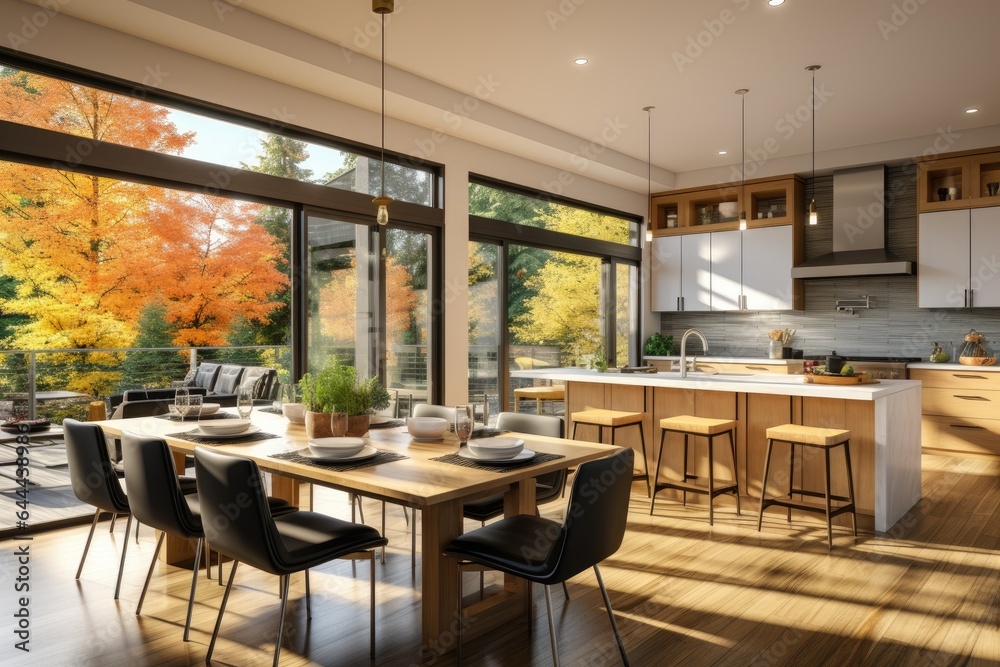 Beautiful Fall Modern Dining Room and Kitchen Area with Fall Foliage Views with Sliding Glass Door and Hardwood Floors