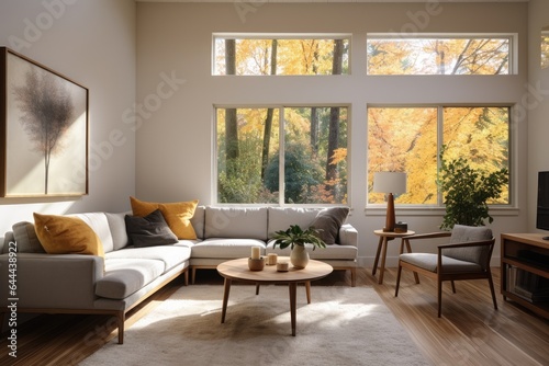 Minimal Modern Apartment Living Room Interior with Light Sofa with Yellow Plush Accent Pillows and Yellow Tree Views