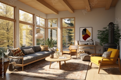 Spacious Cozy Modern Apartment Interior with Yellow Accent Chair and Indoor House Plant with Wall Art and Wood Ceiling