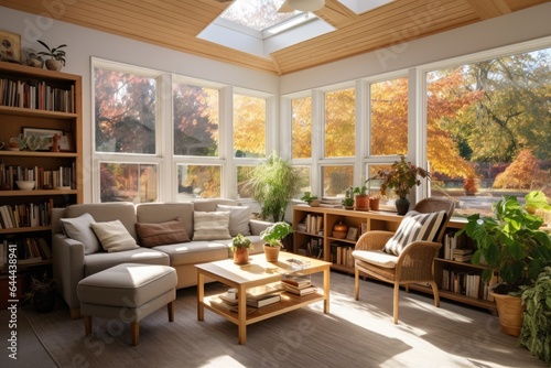 Cozy Apartment Modern Interior Living Room with Wood Accent Ceiling and Double Skylight in Fall