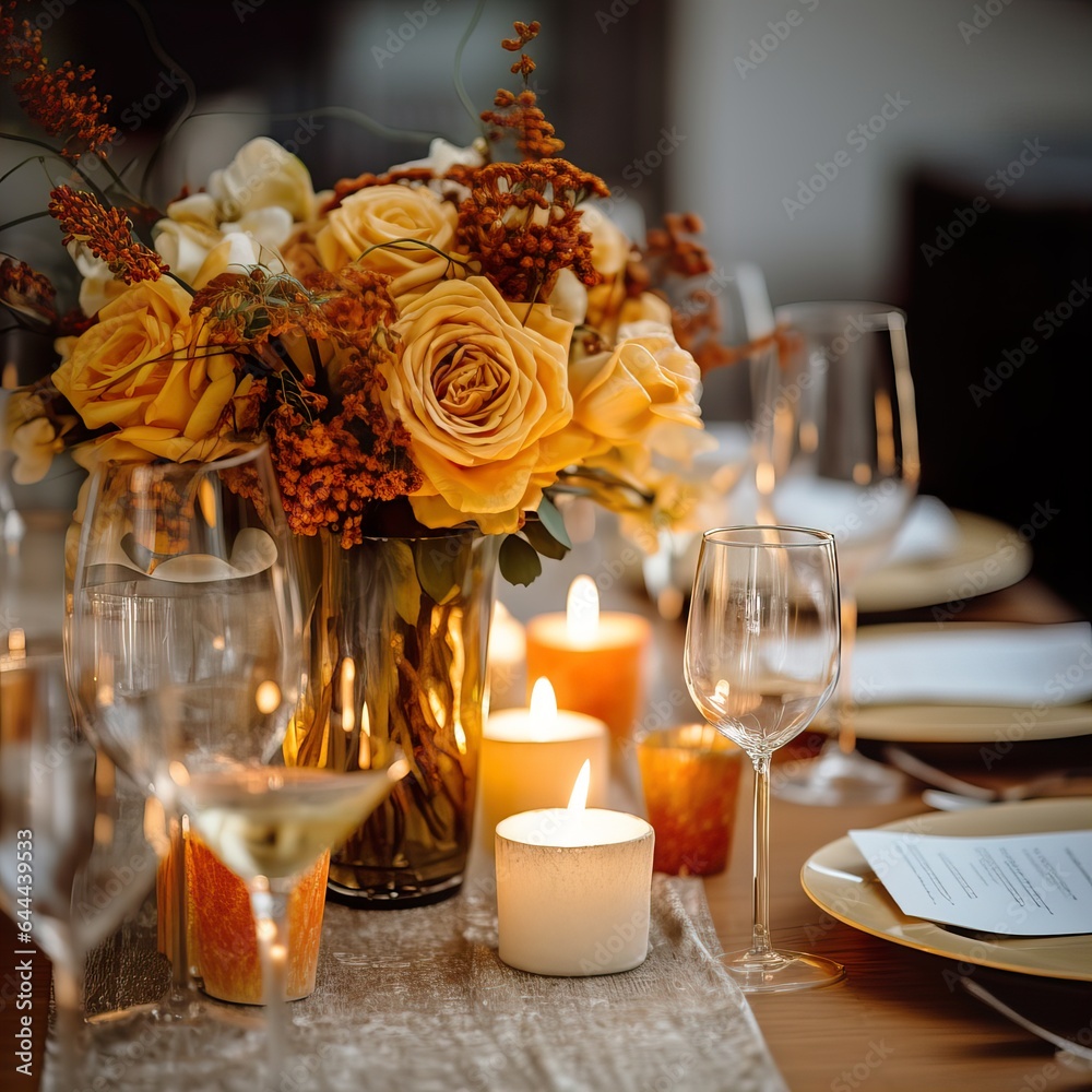 Beautiful fall table setting, autumn dinner table decoration with flowers and candles, holiday event decor in orange and yellow colors