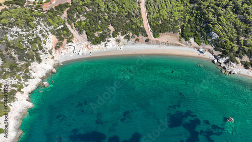 Aerial drone photo of secluded paradise beach of Skalosia in Perachora area near Loutraki, Corinthian gulf, Greece