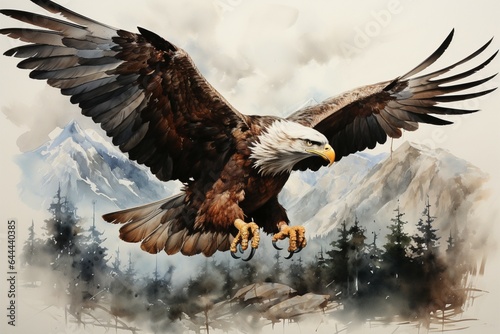 A detailed ink drawing captures an eagles presence in mountainous terrain