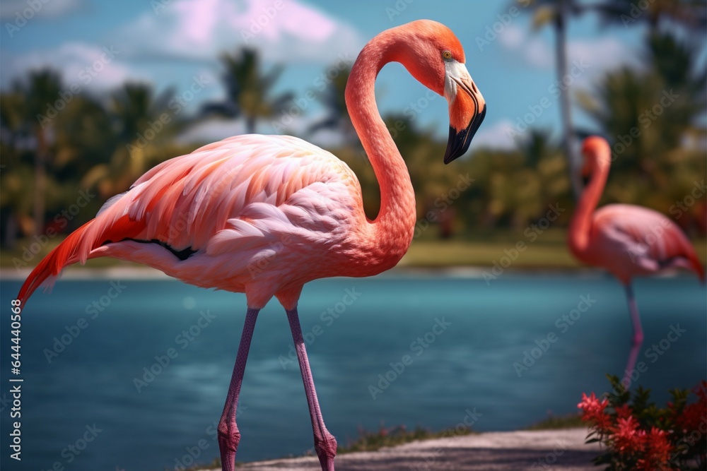 A pink flamingo with long neck strolls in exotic palms