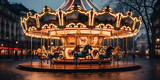 Intricately designed magical carousel with fantasy creatures Creating using, Carousel With Lights On It In A Large City Background, Carrousel in the city park Beautiful , Generative Ai