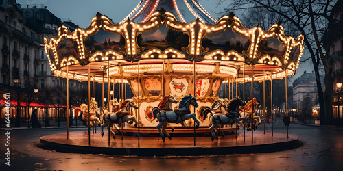 Intricately designed magical carousel with fantasy creatures Creating using, Carousel With Lights On It In A Large City Background, Carrousel in the city park Beautiful , Generative Ai