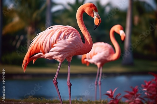 A pink flamingo with long neck strolls in exotic palms