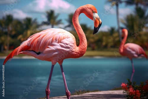 A pink flamingo with long neck strolls in exotic palms