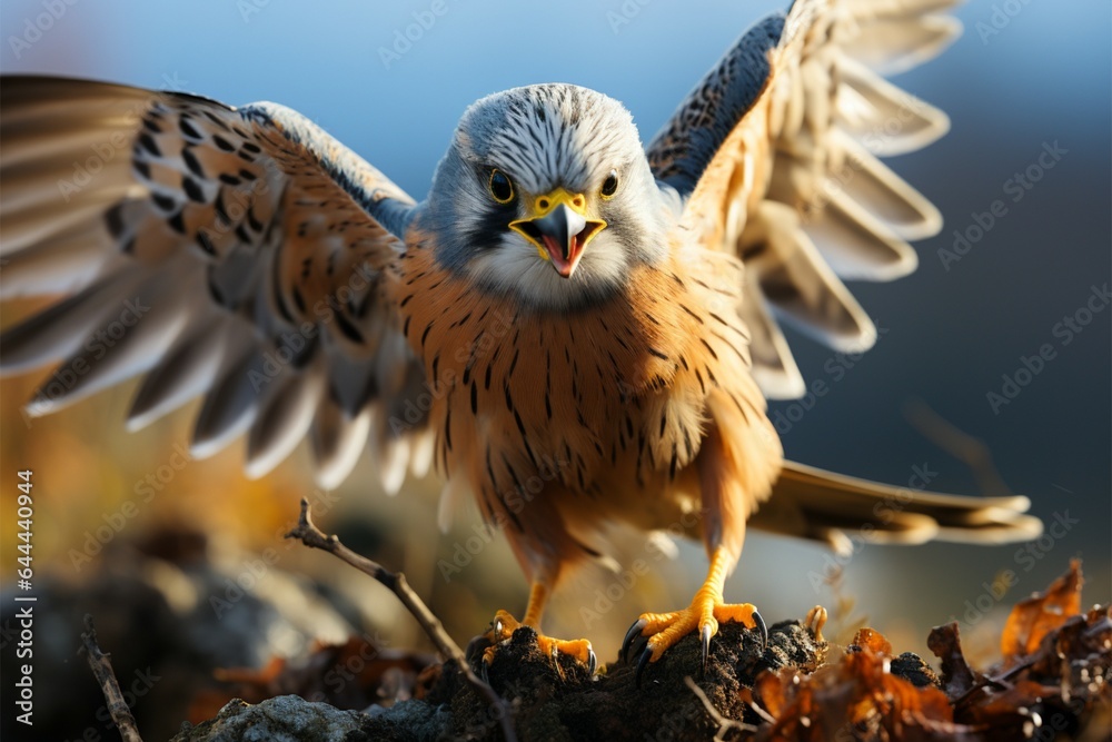 Obraz premium Blurred backdrop highlights male kestrel in flight, a scenic vision