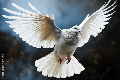 Bird in mid air white feathered homing pigeon soaring gracefully