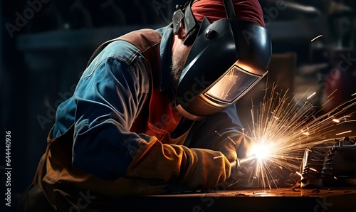 welder wearing helmet welding with sparks, ai generative