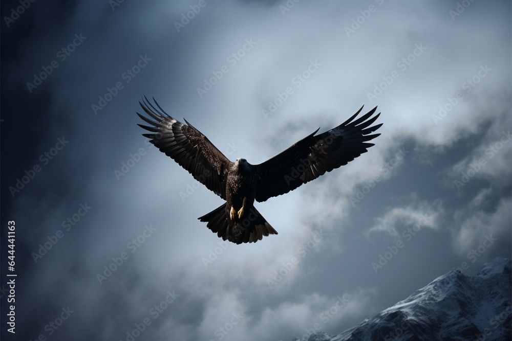 Eagle in stark, black and white, etched against mountainous backdrop Eagle in stark, black and white, etched against mountainous backdrop