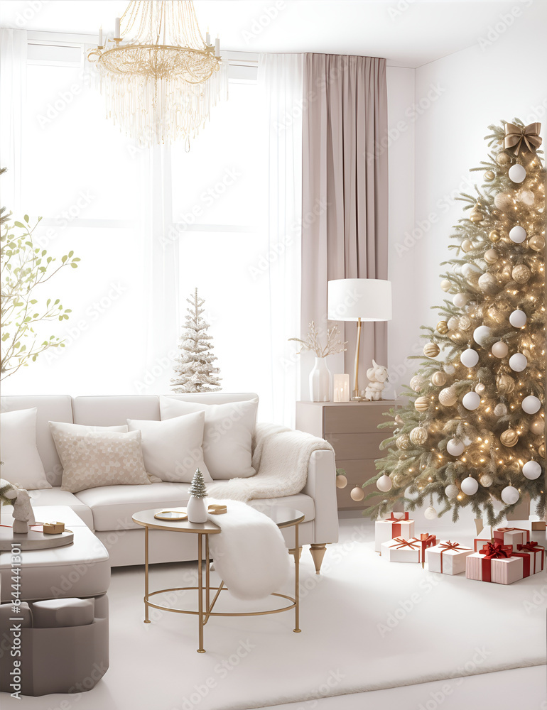 A festive holiday interior setting in tones of white