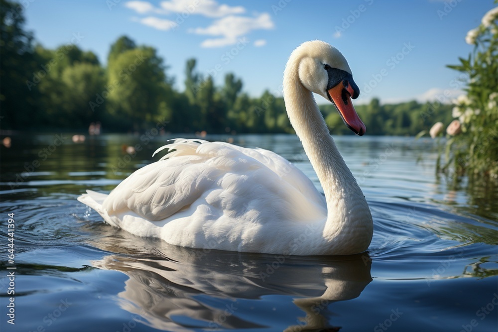 Fototapeta premium Graceful swan serenely glides across a tranquil summer lake