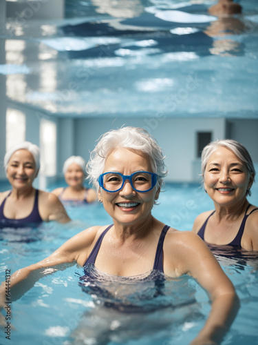 Active senior women enjoying aqua fit class in a pool  embodying a healthy  retired lifestyle