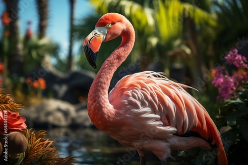 Graceful pink flamingo stands near exotic palms on a lush lawn