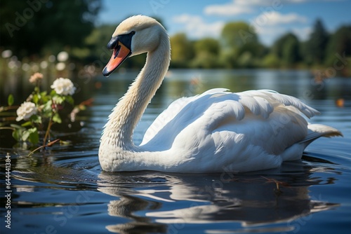 Graceful swan serenely glides across a tranquil summer lake