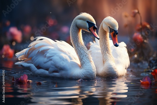 Graceful swans serene swim mirrors tranquility in still, glassy waters