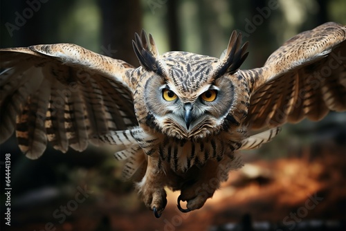 Grand owls majestic flight, wings outspread, a spellbinding, up close view