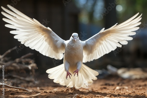 Isolated on white, a white dove glides gracefully with outstretched wings